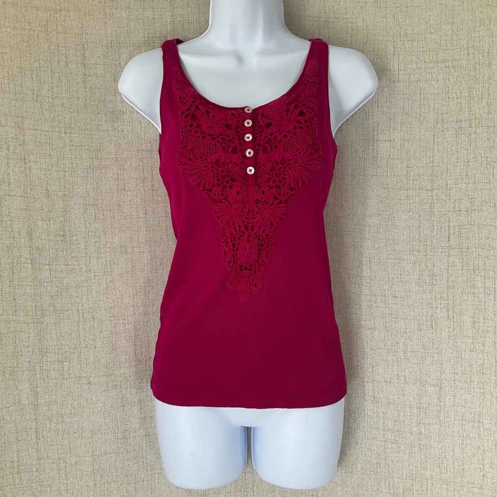 Lauren Ralph Lauren Magenta Pink Ribbed Crochet Lace Henley Tank Top Sz S Boho
